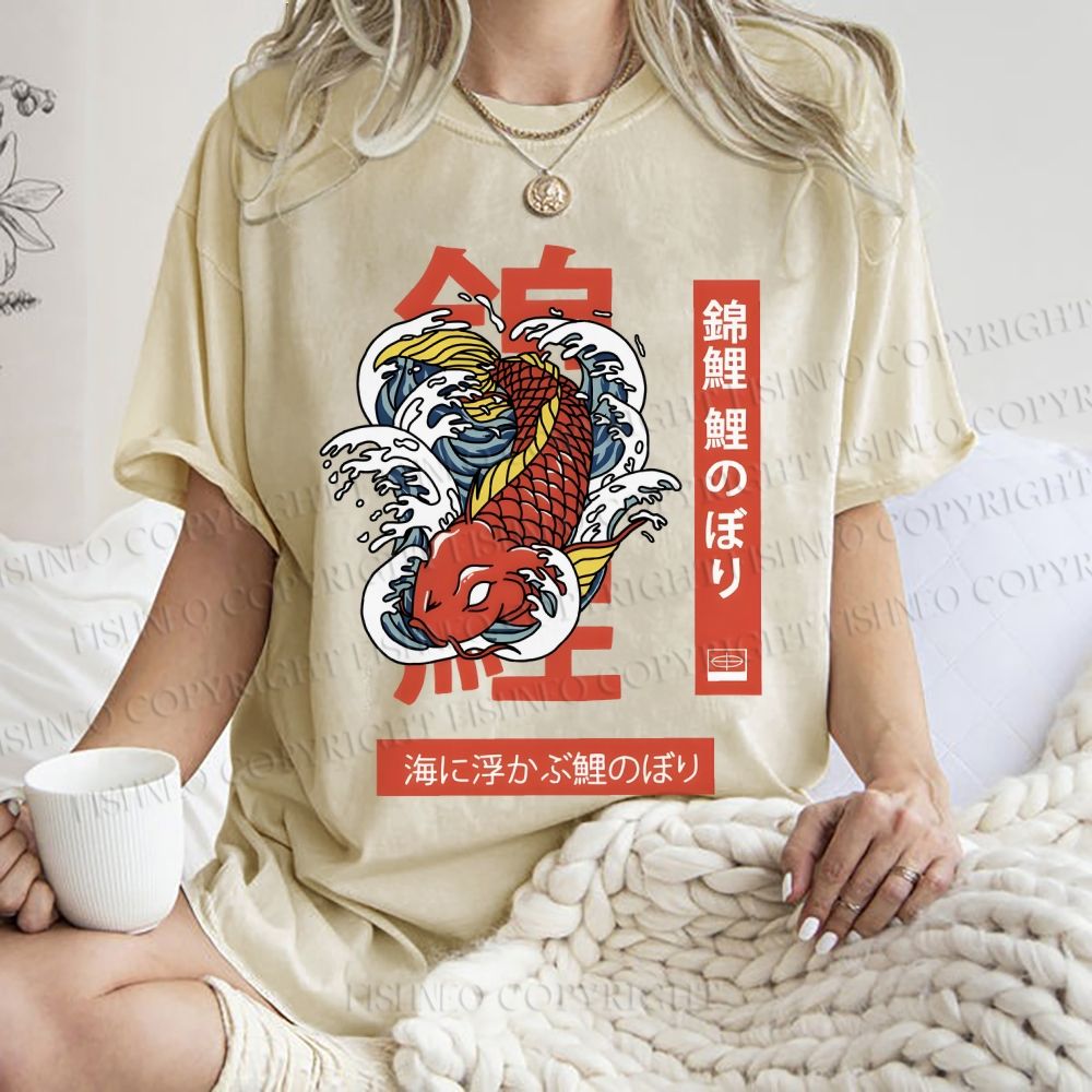 Unisex Japanese Koi Printed Washed Tee