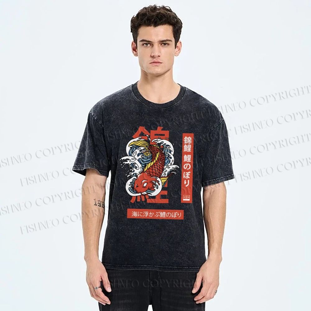 Unisex Japanese Koi Printed Washed Tee