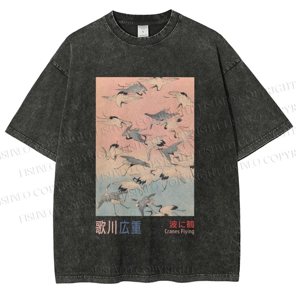 Unisex Japanese Art Cranes Flying over Waves Printed Washed Tee