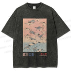 Unisex Japanese Art Cranes Flying over Waves Printed Washed Tee