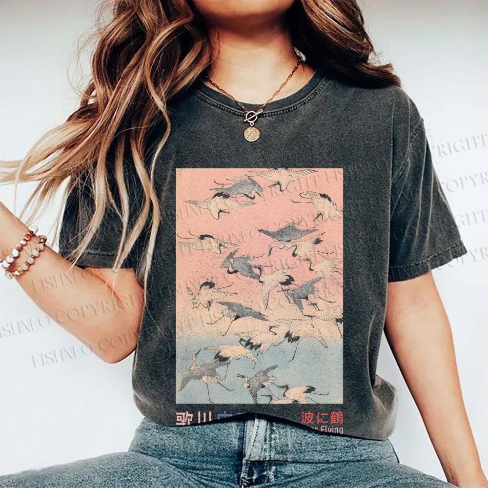 Unisex Japanese Art Cranes Flying over Waves Printed Washed Tee