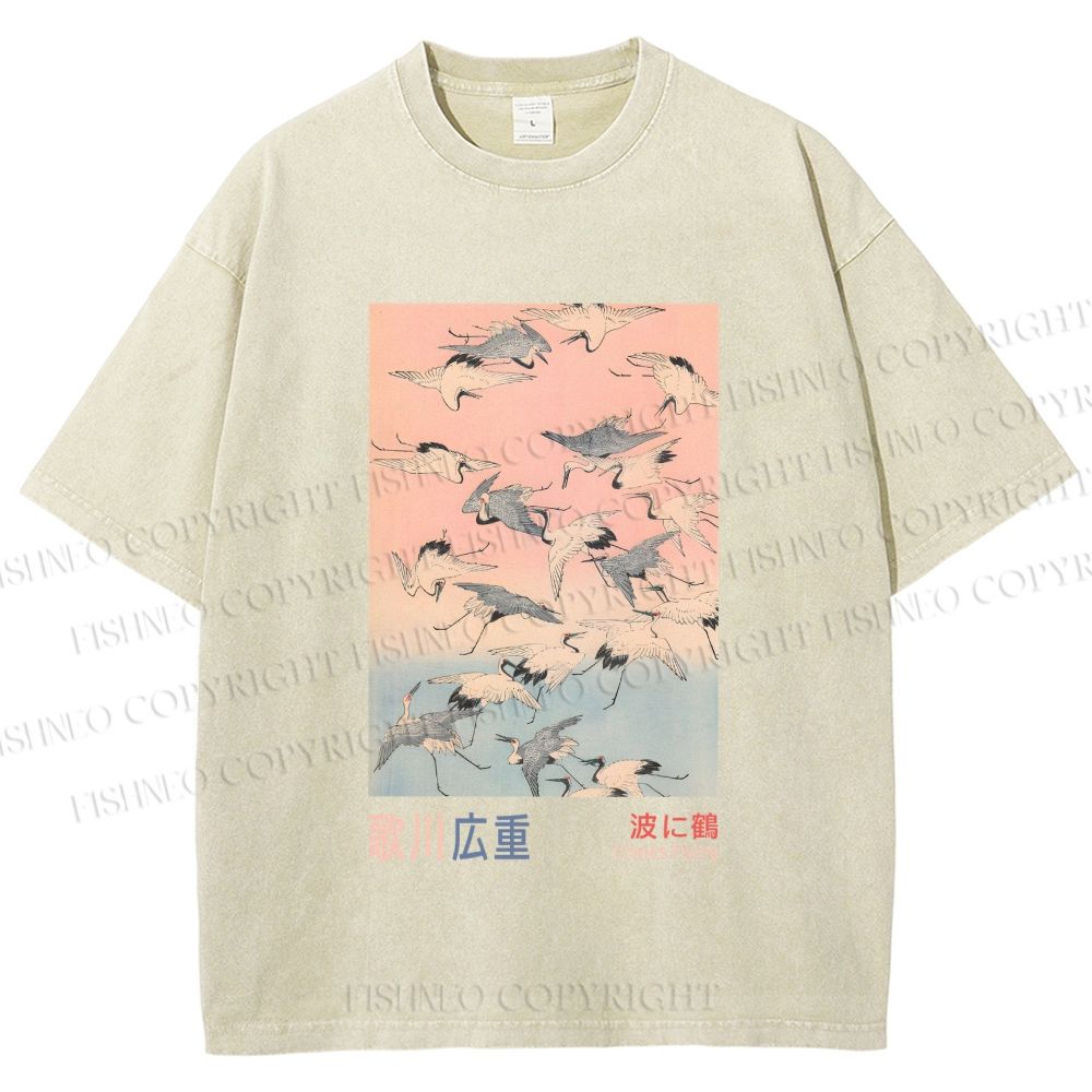 Unisex Japanese Art Cranes Flying over Waves Printed Washed Tee