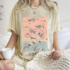 Unisex Japanese Art Cranes Flying over Waves Printed Washed Tee