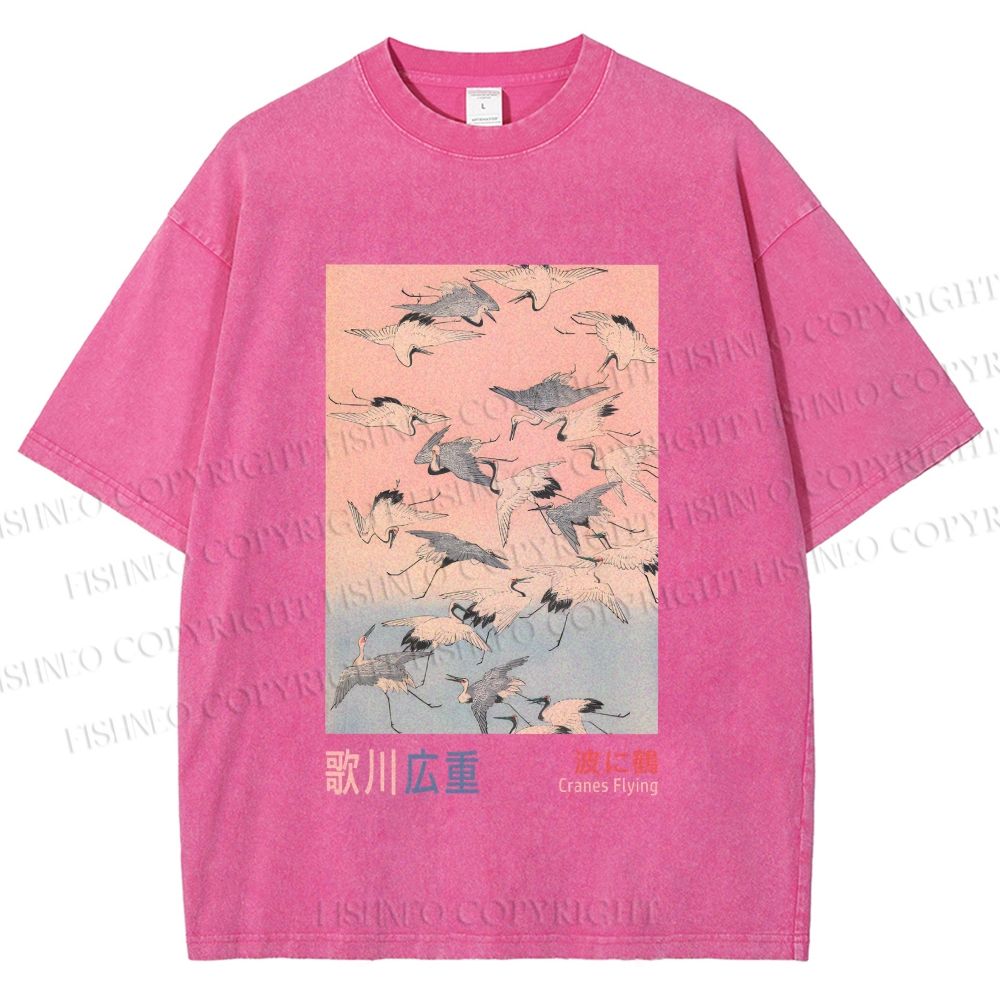 Unisex Japanese Art Cranes Flying over Waves Printed Washed Tee