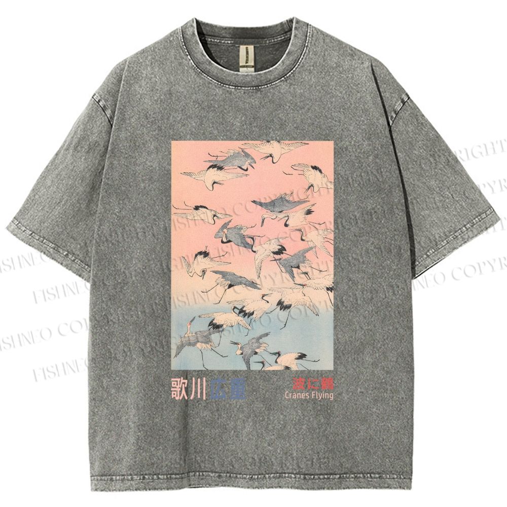 Unisex Japanese Art Cranes Flying over Waves Printed Washed Tee