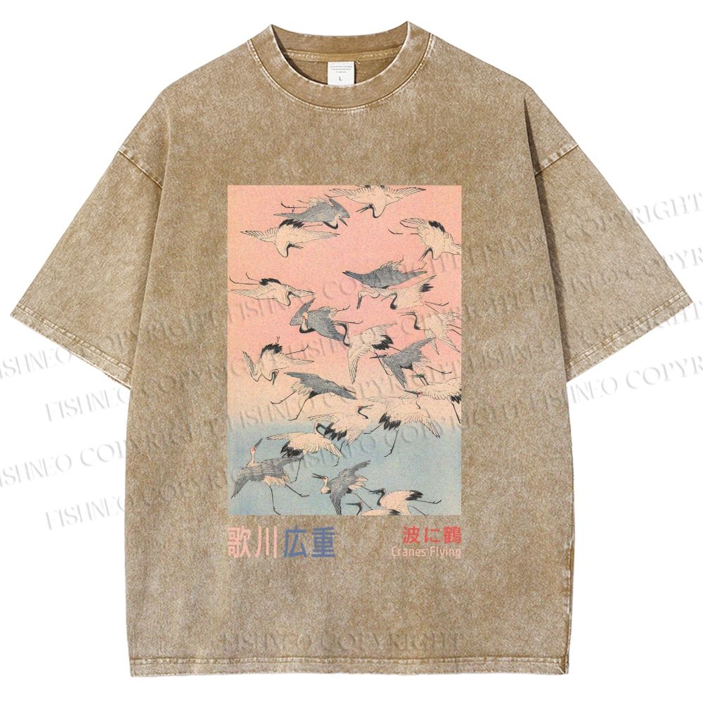 Unisex Japanese Art Cranes Flying over Waves Printed Washed Tee
