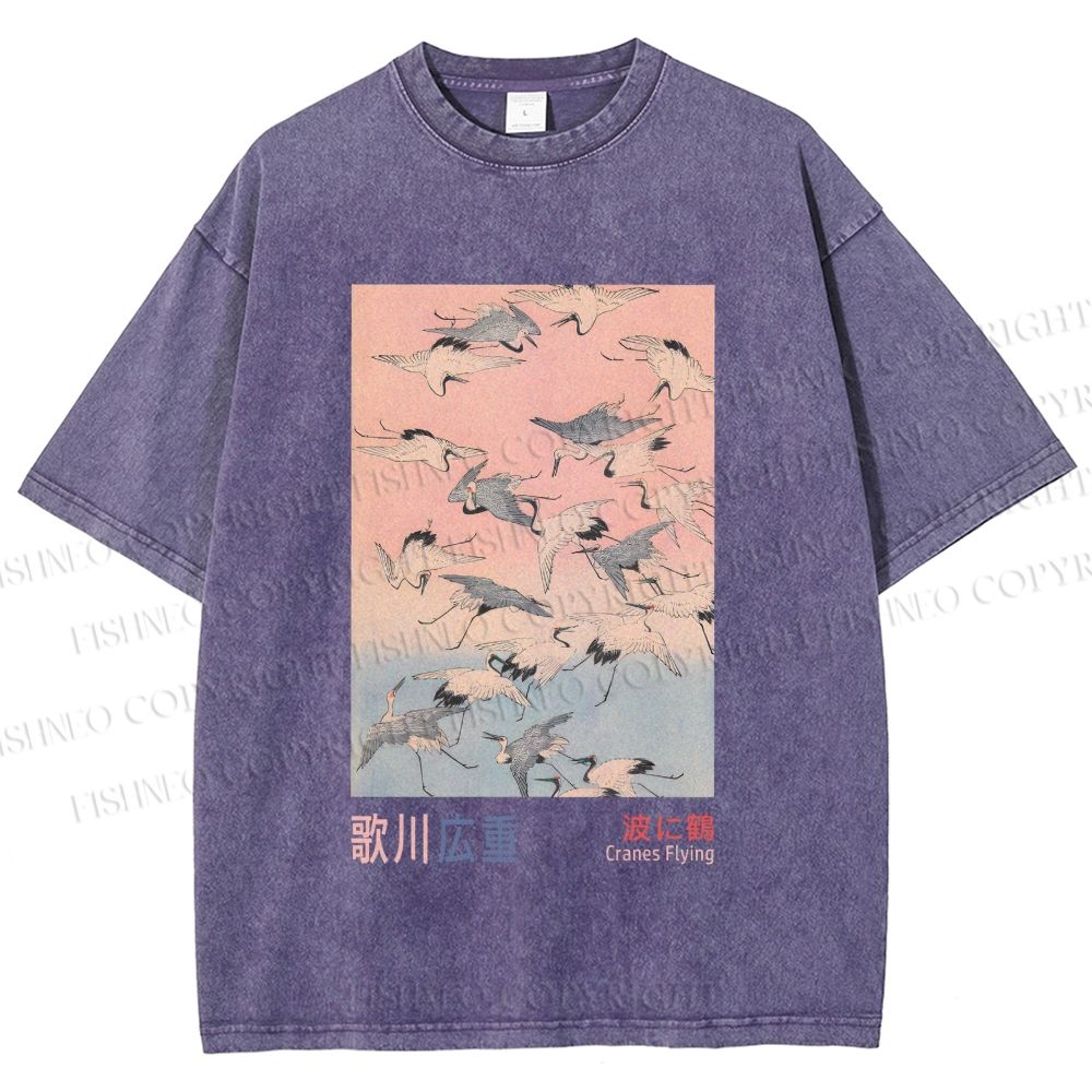 Unisex Japanese Art Cranes Flying over Waves Printed Washed Tee