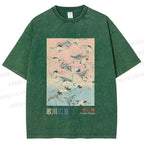 Unisex Japanese Art Cranes Flying over Waves Printed Washed Tee