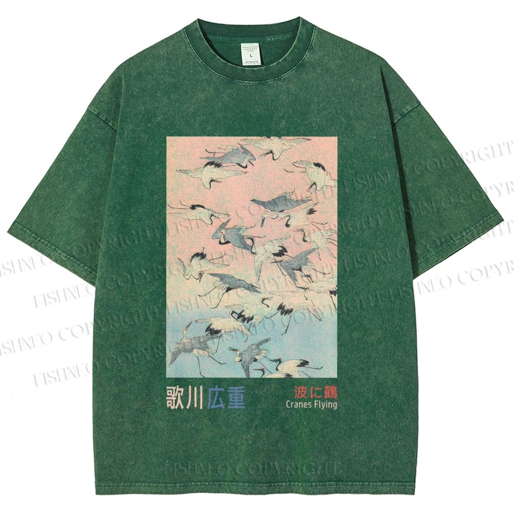 Unisex Japanese Art Cranes Flying over Waves Printed Washed Tee