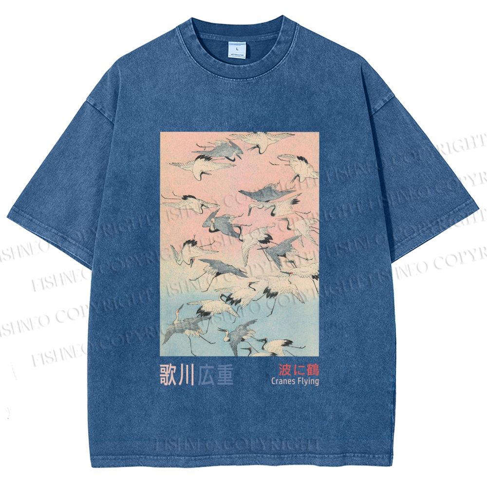 Unisex Japanese Art Cranes Flying over Waves Printed Washed Tee
