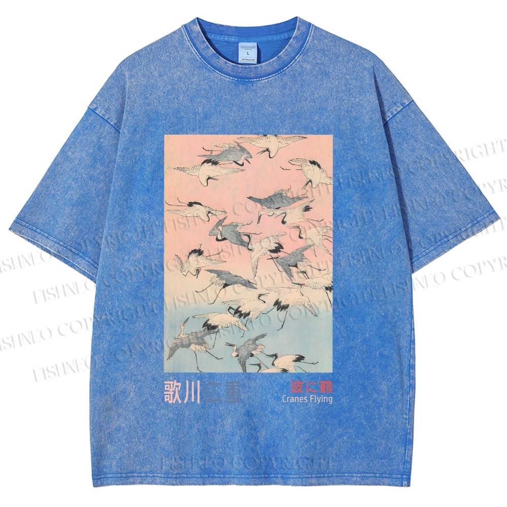 Unisex Japanese Art Cranes Flying over Waves Printed Washed Tee