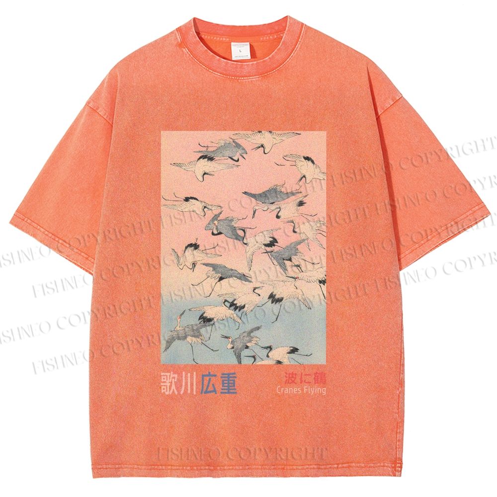 Unisex Japanese Art Cranes Flying over Waves Printed Washed Tee