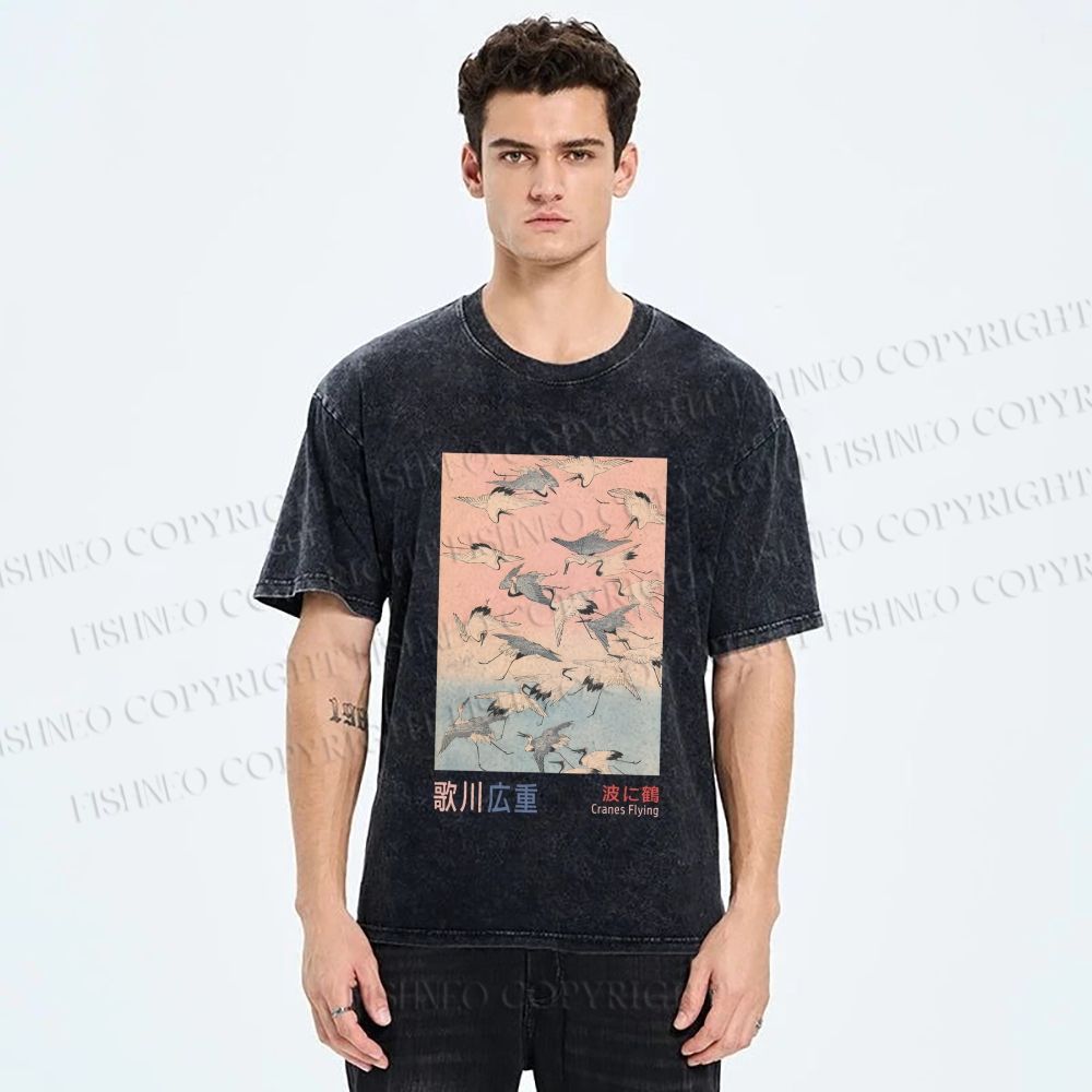 Unisex Japanese Art Cranes Flying over Waves Printed Washed Tee