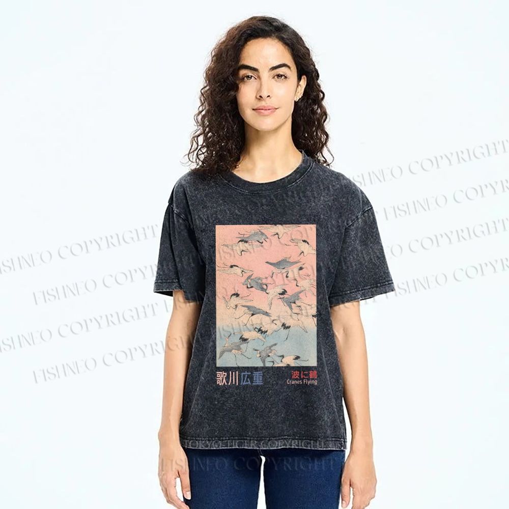 Unisex Japanese Art Cranes Flying over Waves Printed Washed Tee
