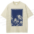 Unisex Japanese Vintage Wave Printed Washed Tee