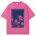 Unisex Japanese Vintage Wave Printed Washed Tee