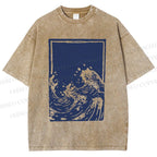 Unisex Japanese Vintage Wave Printed Washed Tee