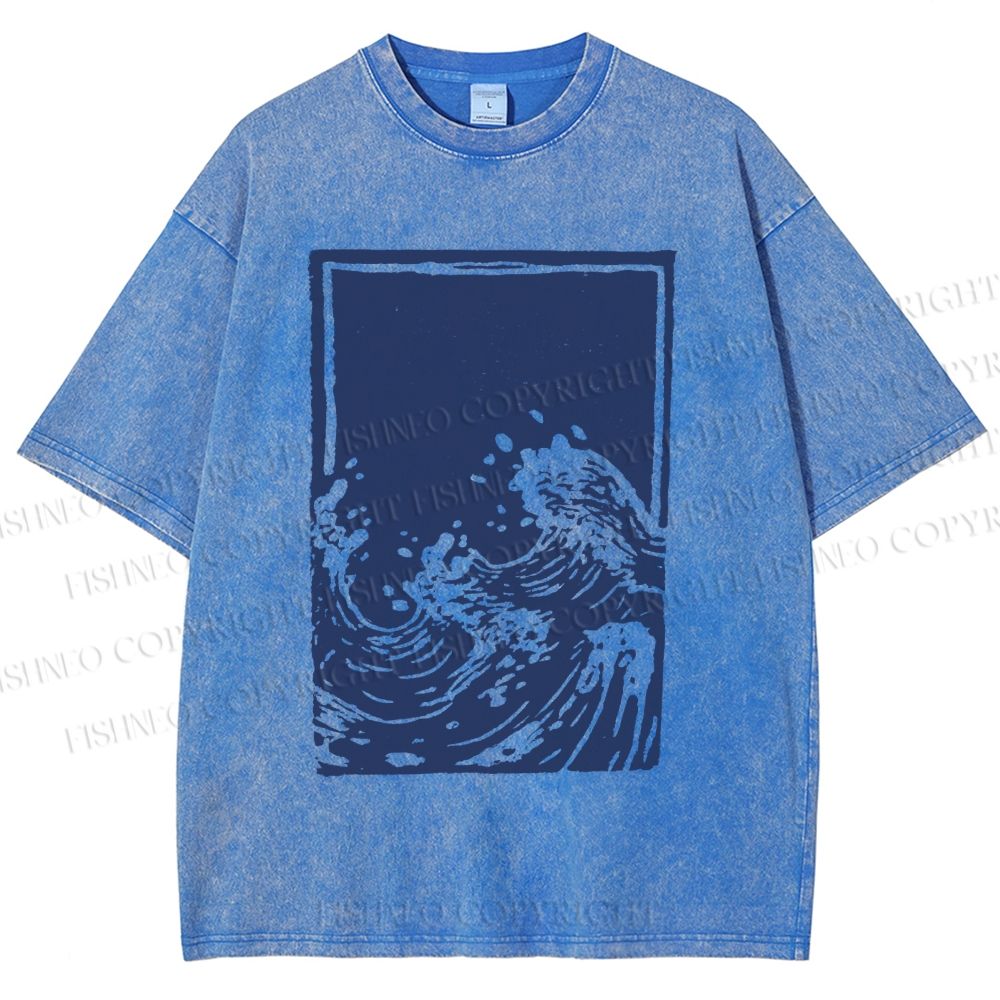 Unisex Japanese Vintage Wave Printed Washed Tee