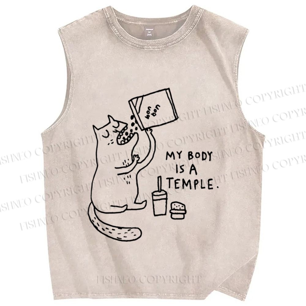 Unisex Cat Body Is Temple Printed Washed Tank Top