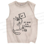 Unisex Cat Body Is Temple Printed Washed Tank Top