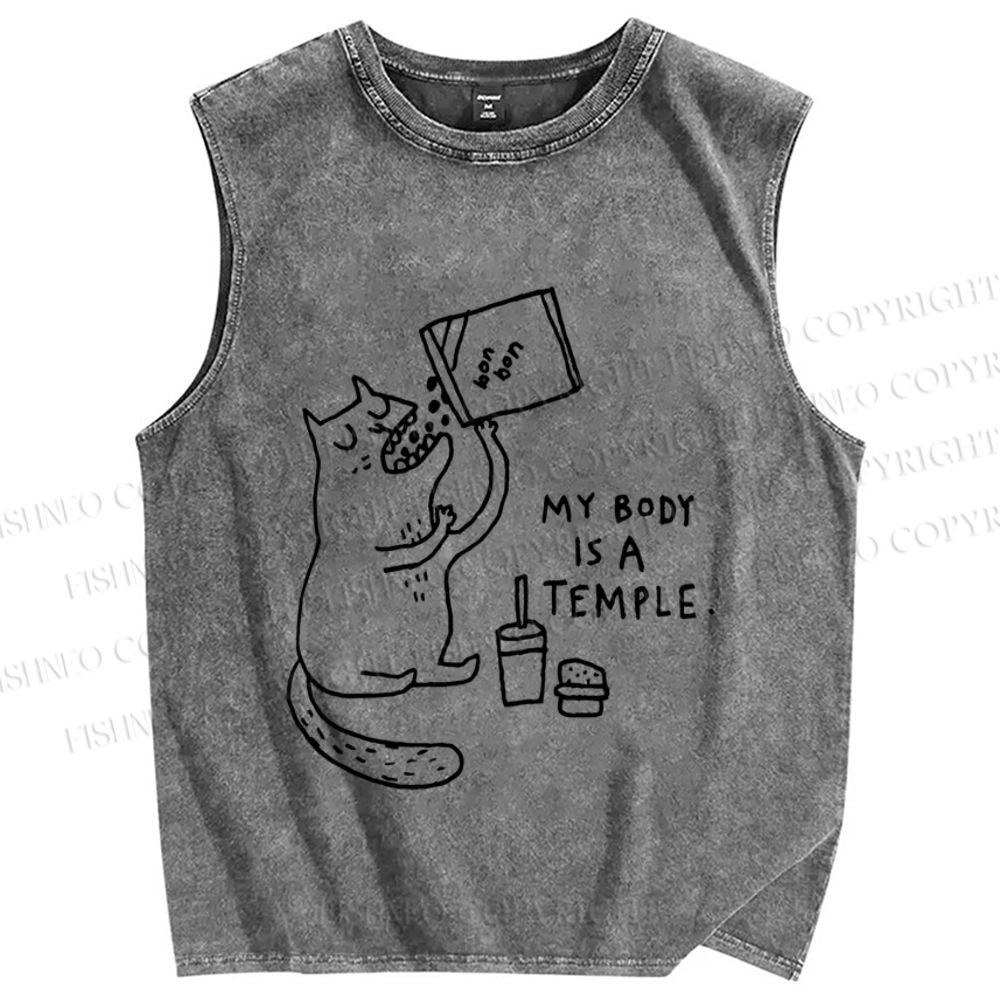 Unisex Cat Body Is Temple Printed Washed Tank Top