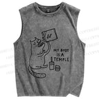 Unisex Cat Body Is Temple Printed Washed Tank Top