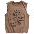 Unisex Cat Body Is Temple Printed Washed Tank Top