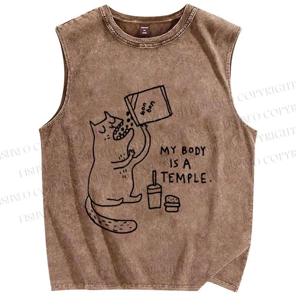 Unisex Cat Body Is Temple Printed Washed Tank Top