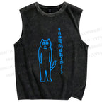 Unisex Japanese Cat Getting Work Printed Washed Tank Top