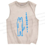 Unisex Japanese Cat Getting Work Printed Washed Tank Top