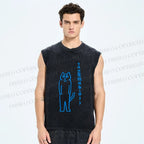 Unisex Japanese Cat Getting Work Printed Washed Tank Top