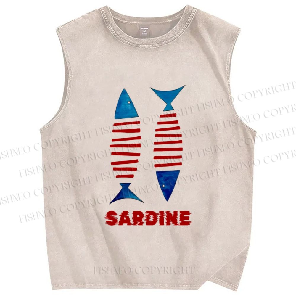 Unisex Vintage Sardine Fish Printed Washed Tank Top