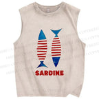 Unisex Vintage Sardine Fish Printed Washed Tank Top
