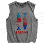 Unisex Vintage Sardine Fish Printed Washed Tank Top