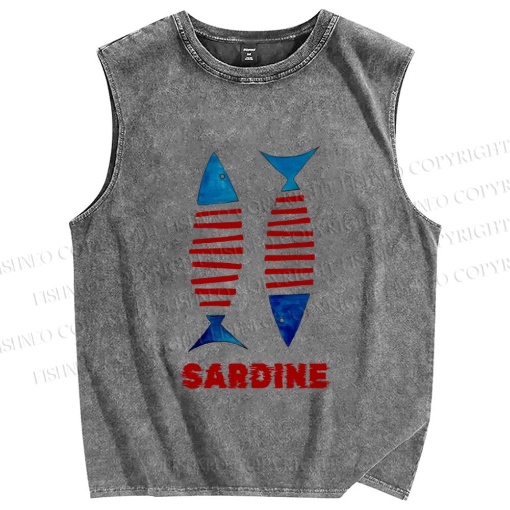 Unisex Vintage Sardine Fish Printed Washed Tank Top