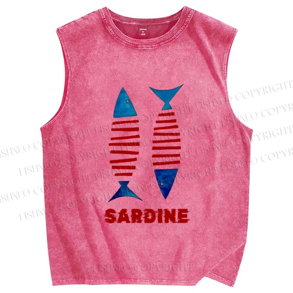 Unisex Vintage Sardine Fish Printed Washed Tank Top