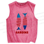 Unisex Vintage Sardine Fish Printed Washed Tank Top