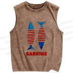Unisex Vintage Sardine Fish Printed Washed Tank Top
