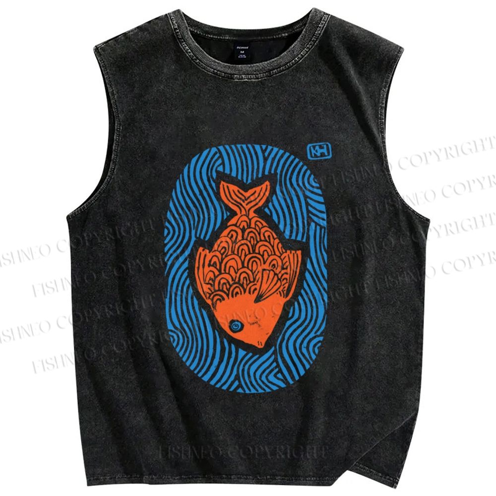 Unisex Vintage Fish Printed Washed Tank Top