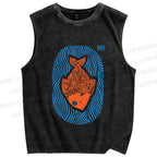 Unisex Vintage Fish Printed Washed Tank Top