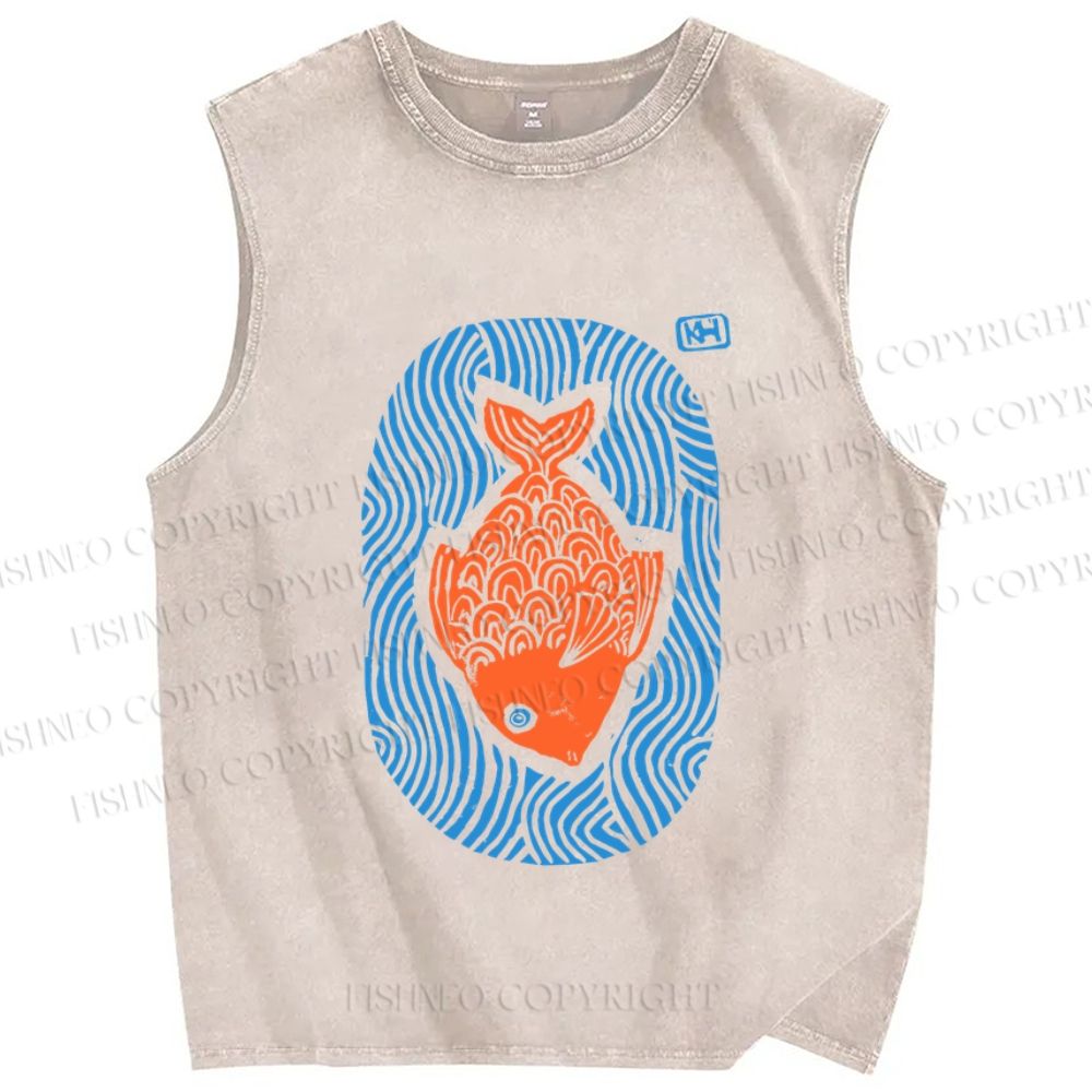 Unisex Vintage Fish Printed Washed Tank Top