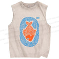 Unisex Vintage Fish Printed Washed Tank Top
