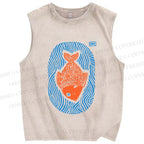 Unisex Vintage Fish Printed Washed Tank Top