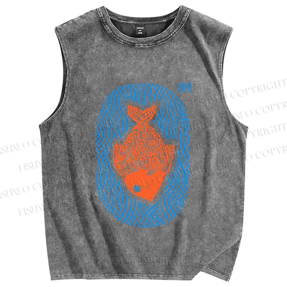 Unisex Vintage Fish Printed Washed Tank Top