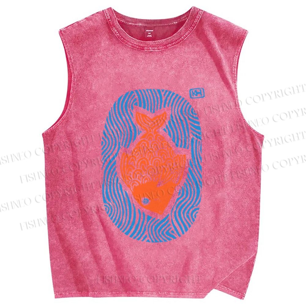 Unisex Vintage Fish Printed Washed Tank Top