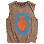 Unisex Vintage Fish Printed Washed Tank Top