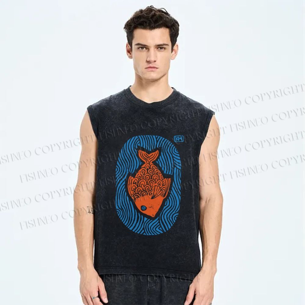 Unisex Vintage Fish Printed Washed Tank Top