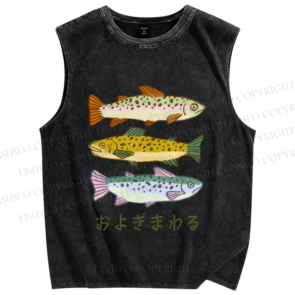 Unisex Japanese Sardine Fish Printed Washed Tank Top
