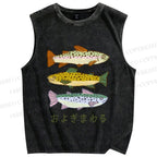 Unisex Japanese Sardine Fish Printed Washed Tank Top