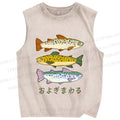 Unisex Japanese Sardine Fish Printed Washed Tank Top